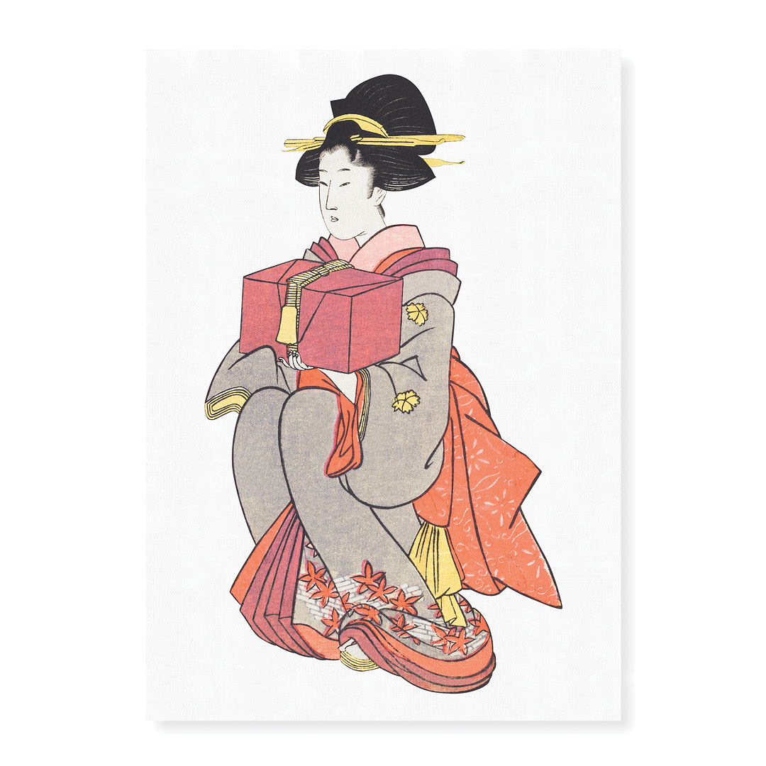 Japanese woman holding box By Kitagawa - Art Print