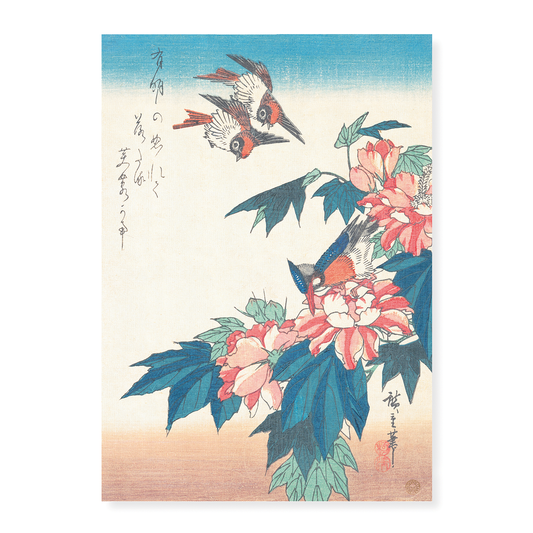 Swallows and Kingfisher with Rose Mallows by Utagawa Hiroshige - Art Print