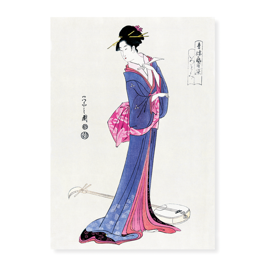 Japanese woman in kimono and a shamisen on the floor - Art Print