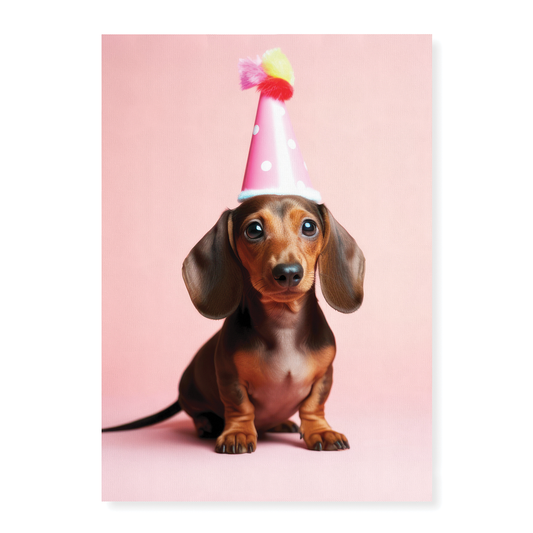 Dachshund puppy with a party hat - Art Print