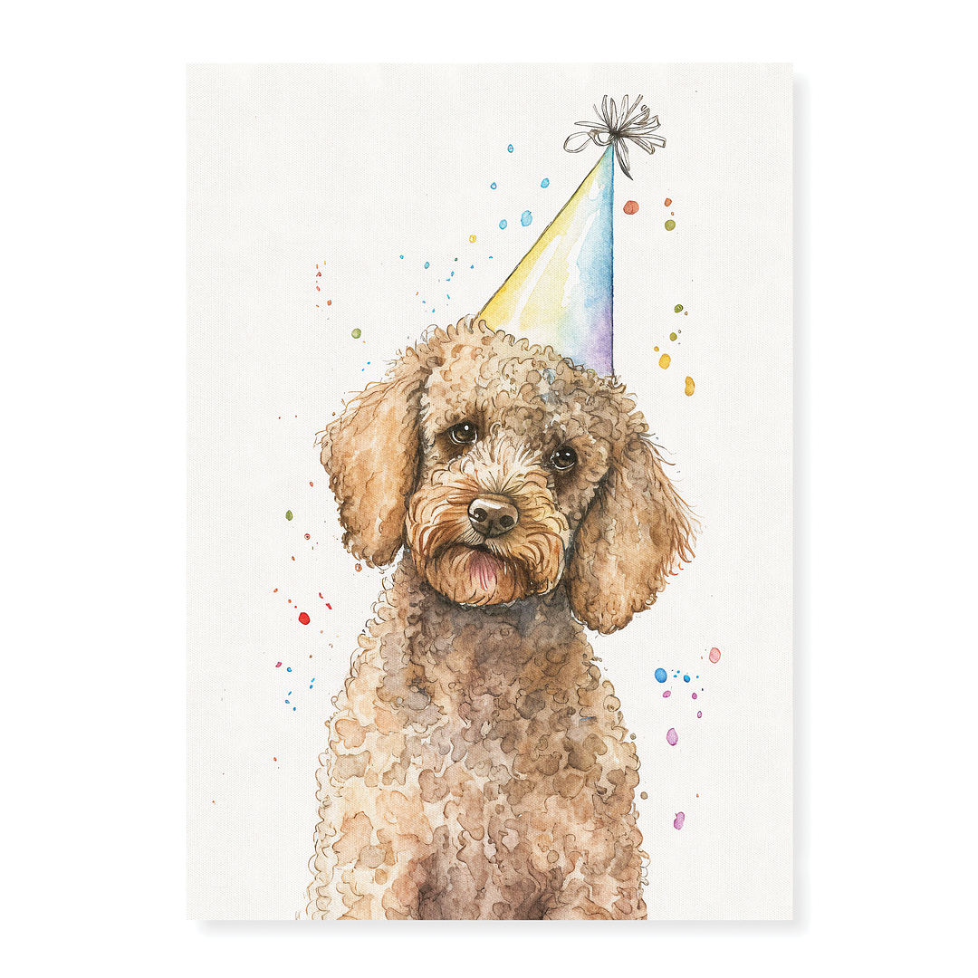 Brown poodle wearing a party hat - Art Print