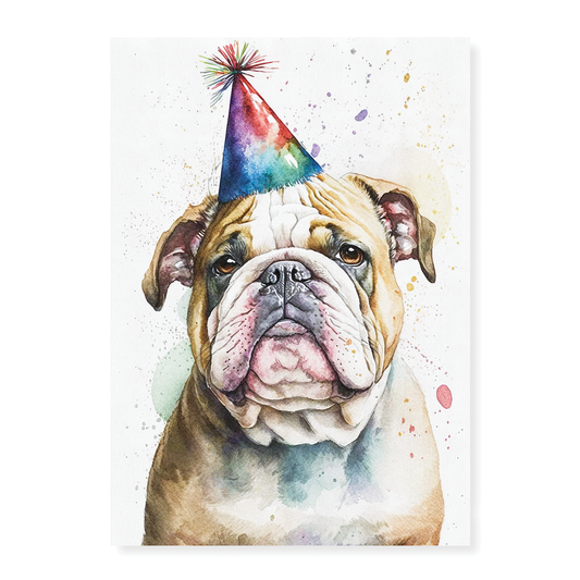 Engelse bulldog wearing a party hat - Art Print