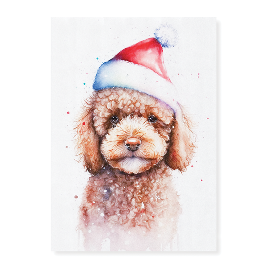 Brown poodle wearing a Christmas hat - Art Print