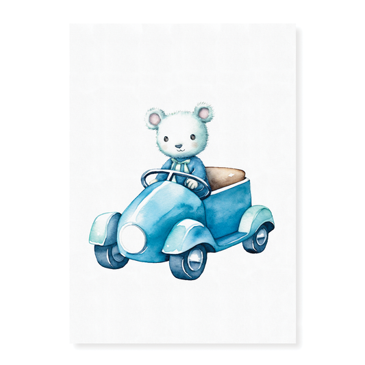 Little mouse driving a blue car - Art Print
