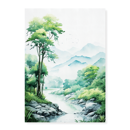 River, Trees, and Majestic Mountains - Art Print