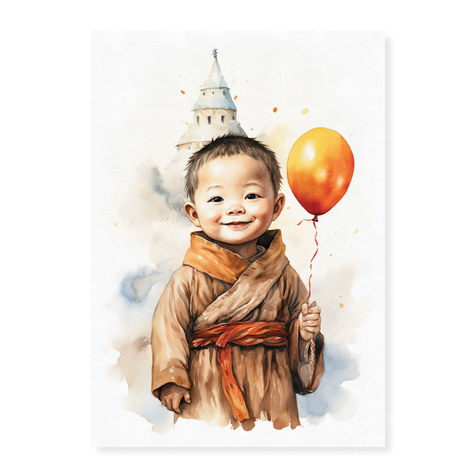 Cute little monk holding a balloon - Art Print
