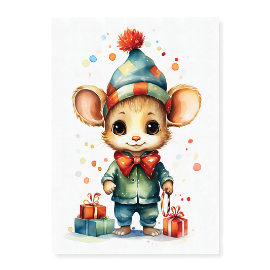 Little mouse with christmas gifts - Art Print