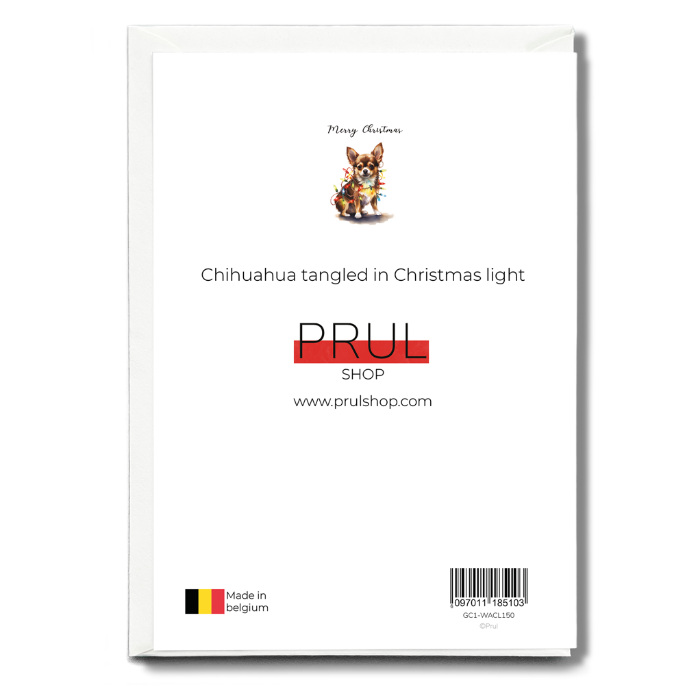 Chihuahua tangled in Christmas light - Greeting Card