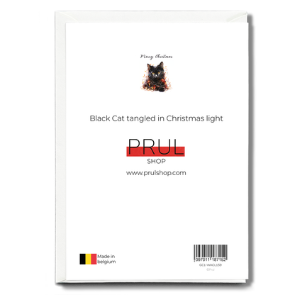 Black Cat tangled in Christmas light - Greeting Card