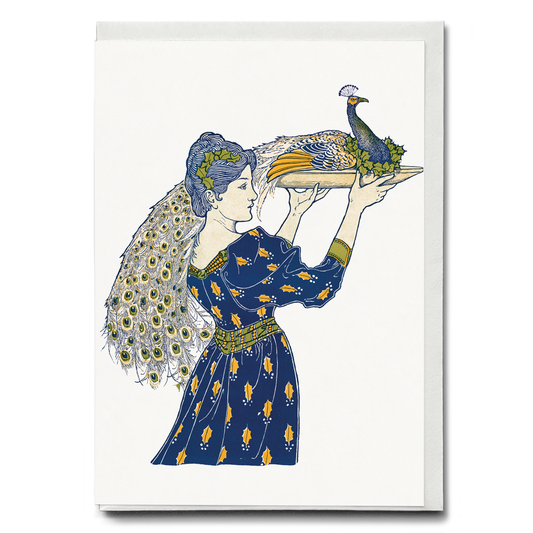 Woman carrying peacock - Greeting Card