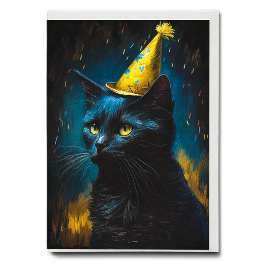 Black cat with party hat on in Van Gogh style - Greeting Card