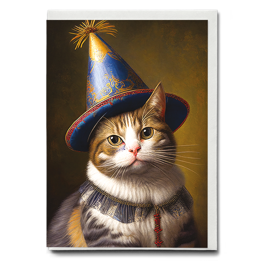 Renaissance portrait of a Cat with a blue party hat - Greeting Card