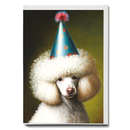 Renaissance painting of a White poodle with a party hat on - Greeting Card