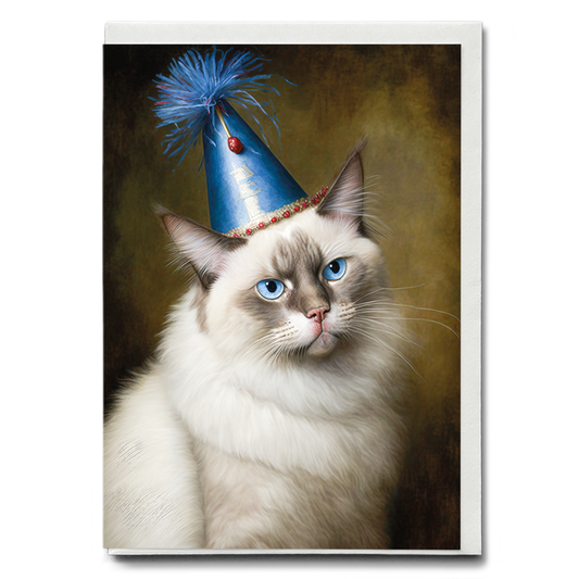 Renaissance painting of a Ragdoll Cat Breed with a party hat on - Greeting Card