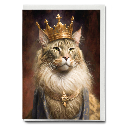 Renaissance painting of a Maine Coon with a king's crown  - Greeting Card