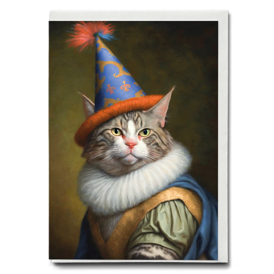 Renaissance painting of a Maine Coon with a party hat on - Greeting Card