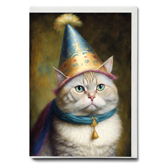 Renaissance painting of a Persian cat with a party hat - Greeting Card