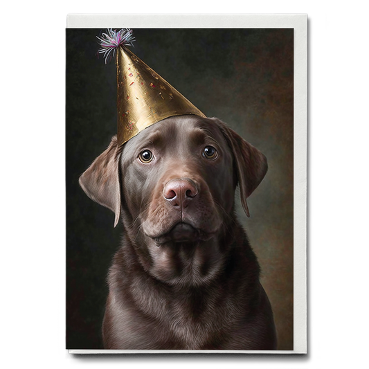 Renaissance painting of a brown Labrador with a party hat - Greeting Card
