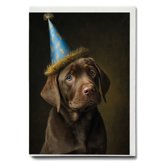 Renaissance painting of a brown Labrador puppy with a party hat - Greeting Card