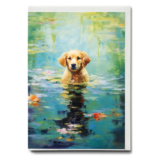 Dog playing in water in Monet style - Greeting Card