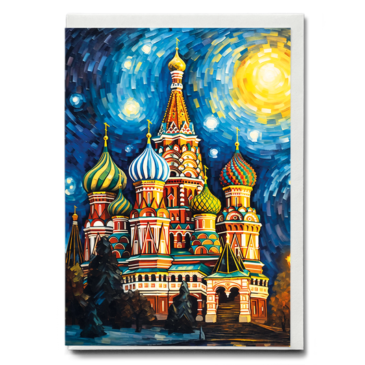 St Basil's Cathedral painting at night in Van Gogh style - Greeting Card