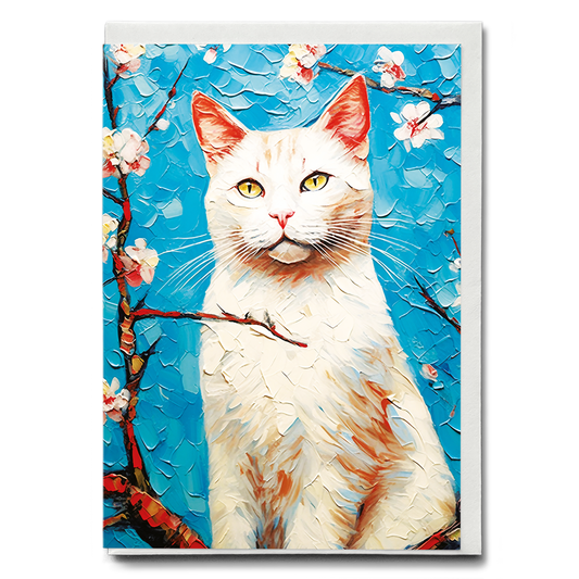 Almond blossom with white cat - Greeting Card