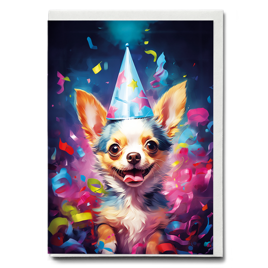 Chihuahua with a party hat colourful painting - Greeting Card