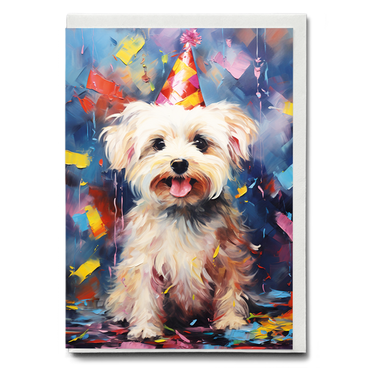 Maltese with wa party hat colourful painting II - Greeting Card