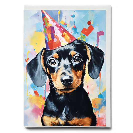 Dachshund wearing a party hat I - Greeting Card