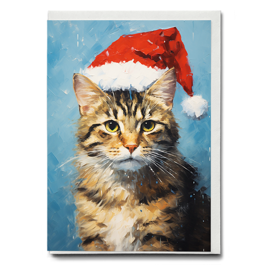 Painting of a cat wearing a Christmas hat - Greeting Card