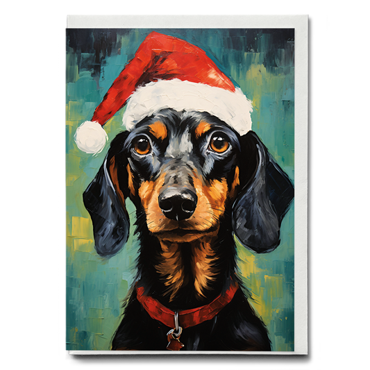 Painting of a dachshund wearing a Christmas hat - Greeting Card