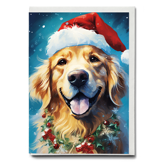 Painting of a golden retriever wearing a Christmas hat - Greeting Card