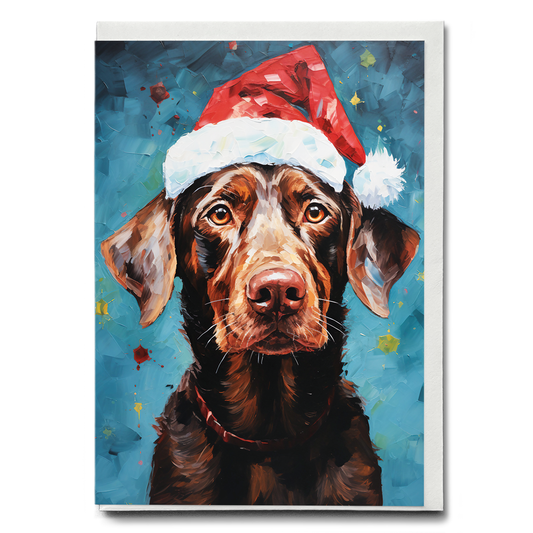 Painting of a brown labrador wearing a Christmas hat - Greeting Card