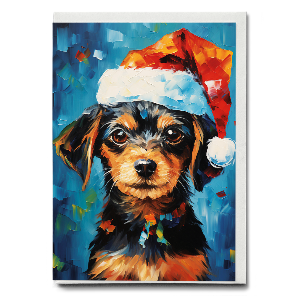 Painting of a cute puppy wearing a Christmas hat - Greeting Card
