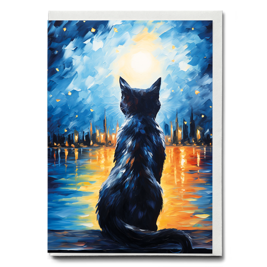 Cat looking over the starry night sky Van Gogh style - Greeting Card