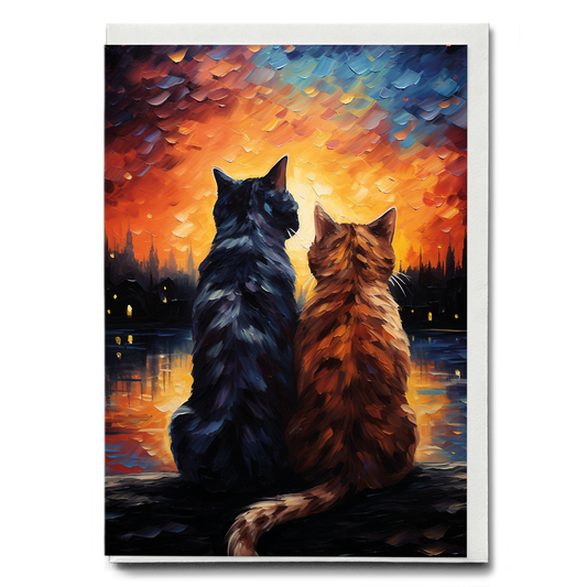 Couple of cat looking at the sunset - Greeting Card