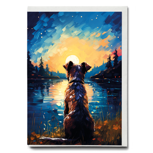 Dog looking at the sun set Van Gogh style - Greeting Card