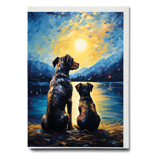 Dog and puppy looking at the starry night Van Gogh style - Greeting Card
