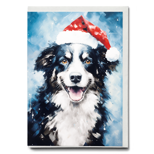 Painting of a Border Collie wearing a Christmas hat - Greeting Card