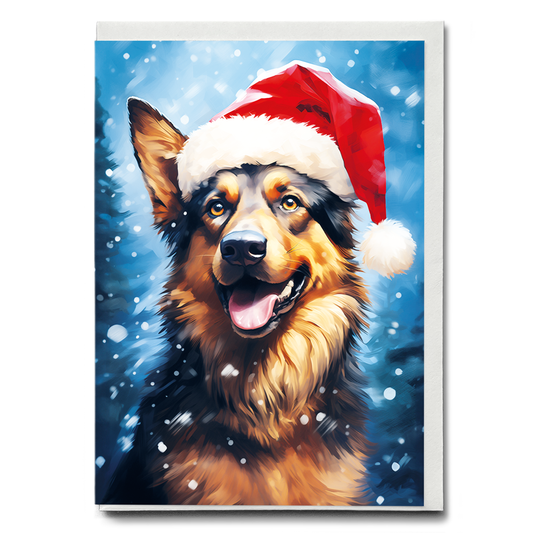 Painting of a german shepherd wearing a Christmas hat - Greeting Card