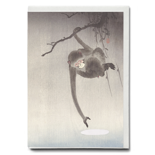 Monkey Reaching For The Moon By Ohara Koson - Greeting Card