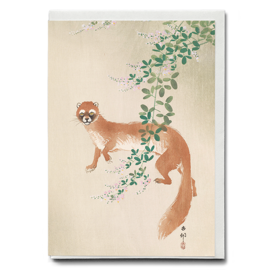Weasel and the flowers By Ohara Koson - Greeting Card