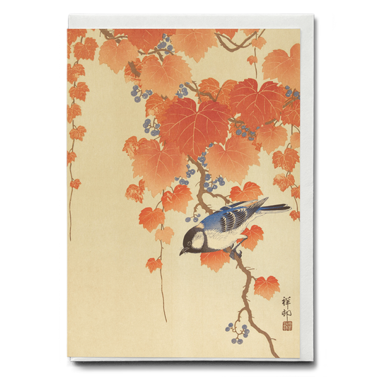 Great tit on paulownia branch By Ohara Koson - Greeting Card