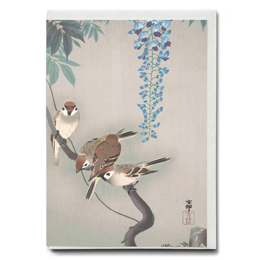 Ring sparrows at wisteria By Ohara Koson - Greeting Card