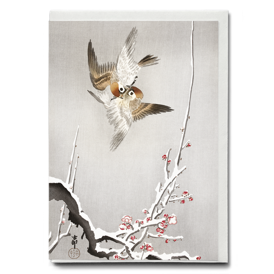 Sparrows and snowy plum tree By Ohara Koson - Greeting Card