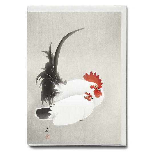 Rooster and hen By Ohara Koson - Greeting Card