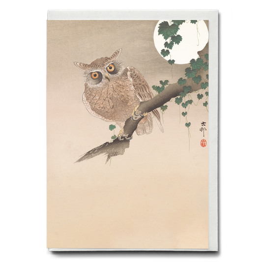 Owl perched on a tree branch and full moon By Ohara Koson - Greeting Card