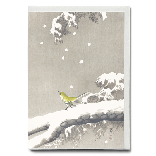 Wagtail on a snowy bough By Ohara Koson - Greeting Card