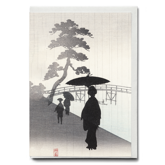 Geisha with umbrella silhouette woodblock - Greeting Card
