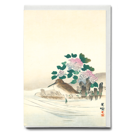 Water Bird and Hydrangea By Koga Iijima - Greeting Card